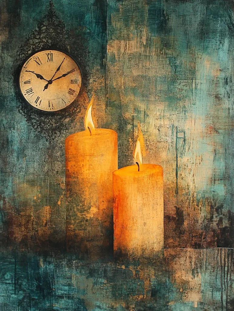 The image depicts two burning candles in the foreground, their warm glow contrasting against a textured, teal and brown background. A vintage clock hangs in the upper left corner, its time frozen, adding a sense of quiet contemplation to the scene. The overall mood is one of serenity and timelessness.