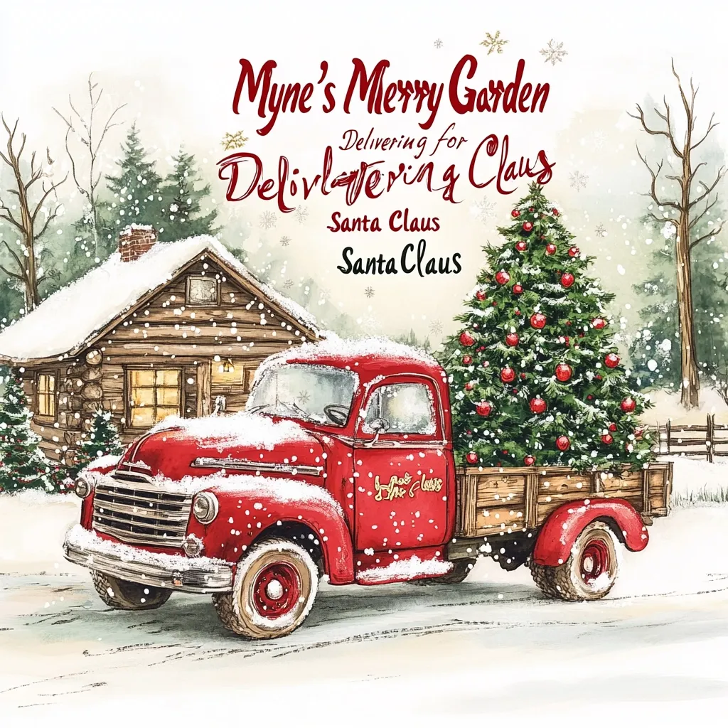 A red vintage truck is parked in a snowy scene, with a decorated Christmas tree in the bed. The truck has the words "Delivering for Santa Claus" written on the side. A log cabin with lit windows is visible in the background. The scene is festive and charming.