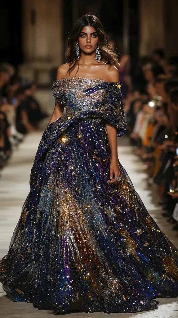 A woman in a long, flowing gown adorned with a sparkling, galaxy-like pattern walks down a runway. The gown is dark blue with gold and silver embellishments, creating a celestial effect. The model has long, dark hair and wears dangling earrings. Her makeup is natural and her expression is confident. The background is blurred, showcasing the grandeur of the fashion show.  The gown's intricate details and the model's poise create a captivating and ethereal image.