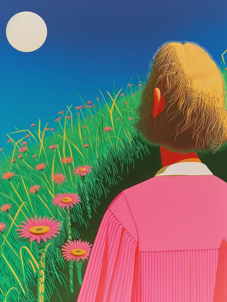 A person with bright blonde hair, wearing a vibrant pink pleated garment, stands facing away from the viewer. The person is positioned against a backdrop of a lush, green grassy field dotted with pink flowers. A full moon shines in a bright blue sky. The painting is a stylized representation of a peaceful, serene landscape.