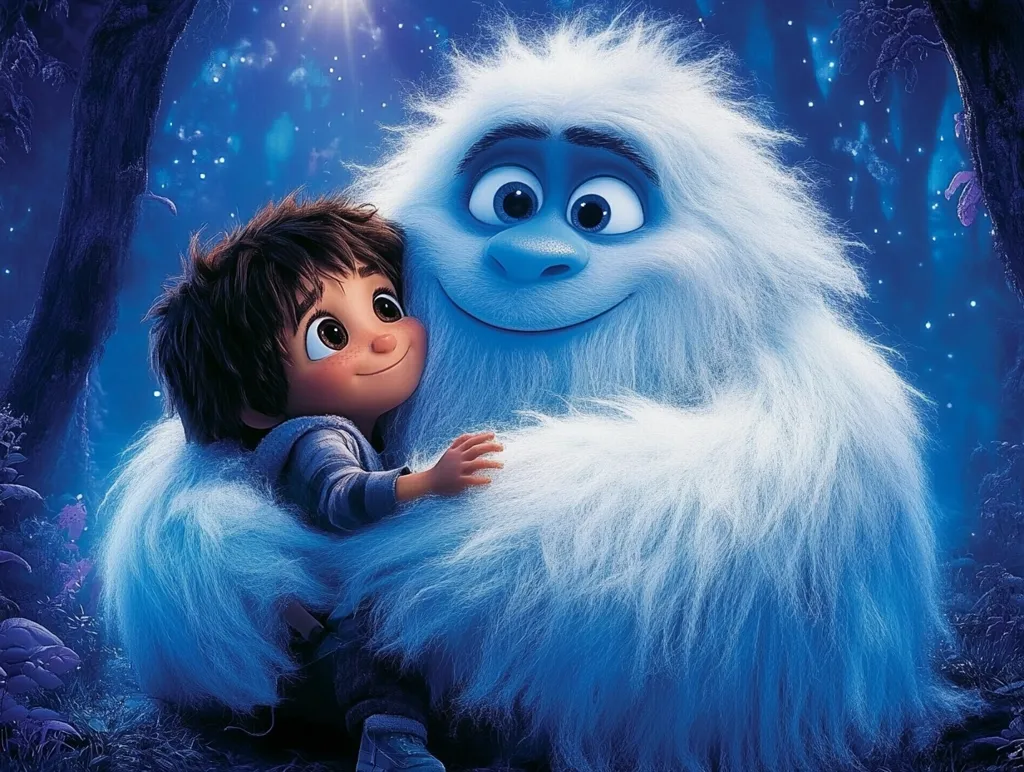 A large, fluffy, blue yeti with a friendly smile is hugging a young boy. They are both sitting in a forest at night, surrounded by twinkling lights. The yeti has a warm, fuzzy appearance, while the boy looks up at him with admiration. The image captures a sense of tenderness and friendship.