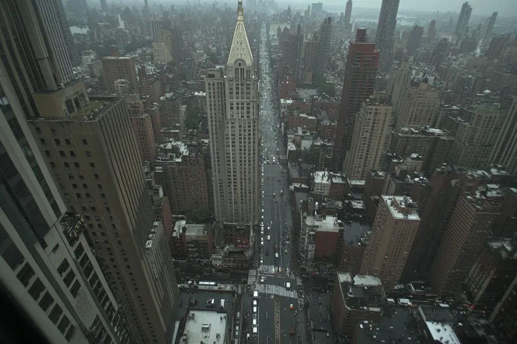 A high-angle view of a city street lined with tall buildings on a rainy day. The buildings are mostly grey and brown, with some hints of green foliage visible in the distance. The street is wet and slick, and the buildings reflect the grey light of the overcast sky. The image has a slightly melancholic mood, with the rain and the grey color palette creating a sense of isolation and introspection.