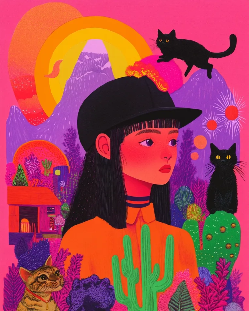 The illustration features a young woman with long black hair wearing a black cap and orange shirt, standing in a whimsical landscape. The backdrop features vibrant colors and surreal elements like floating mountains, a bright yellow sun, and cacti. There are three black cats, one sitting on a cactus, one perched on a rock, and another looking at the woman. In the foreground, a tabby cat with a red collar sits beside a purple flower. The image is filled with a sense of wonder and magic.
