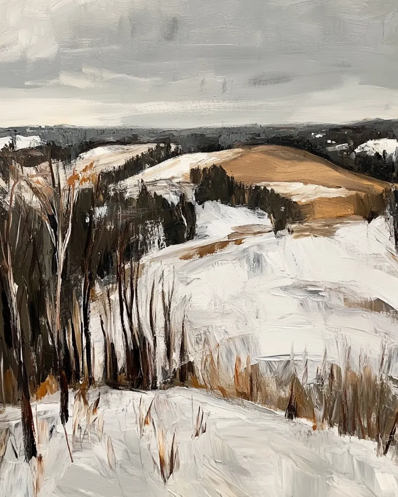 A snowy landscape painting depicts a rolling hillside covered in white snow. A line of dark trees stand in the foreground, framing the scene. A patch of brown earth peeks through the snow in the background, hinting at a warmer season. The sky above is a muted gray, reflecting a sense of tranquility and stillness. The painting evokes a sense of quiet beauty and winter's embrace.