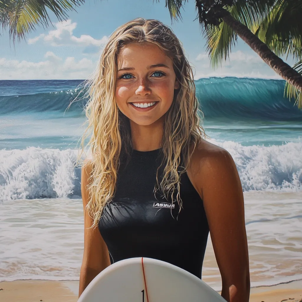 A young woman with long blonde hair and a bright smile stands on a beach. She is wearing a black wetsuit and holding a surfboard. Behind her, a large wave crashes against the shore. Palm trees sway in the background, creating a tropical paradise scene.  The image evokes a sense of adventure and carefree fun.