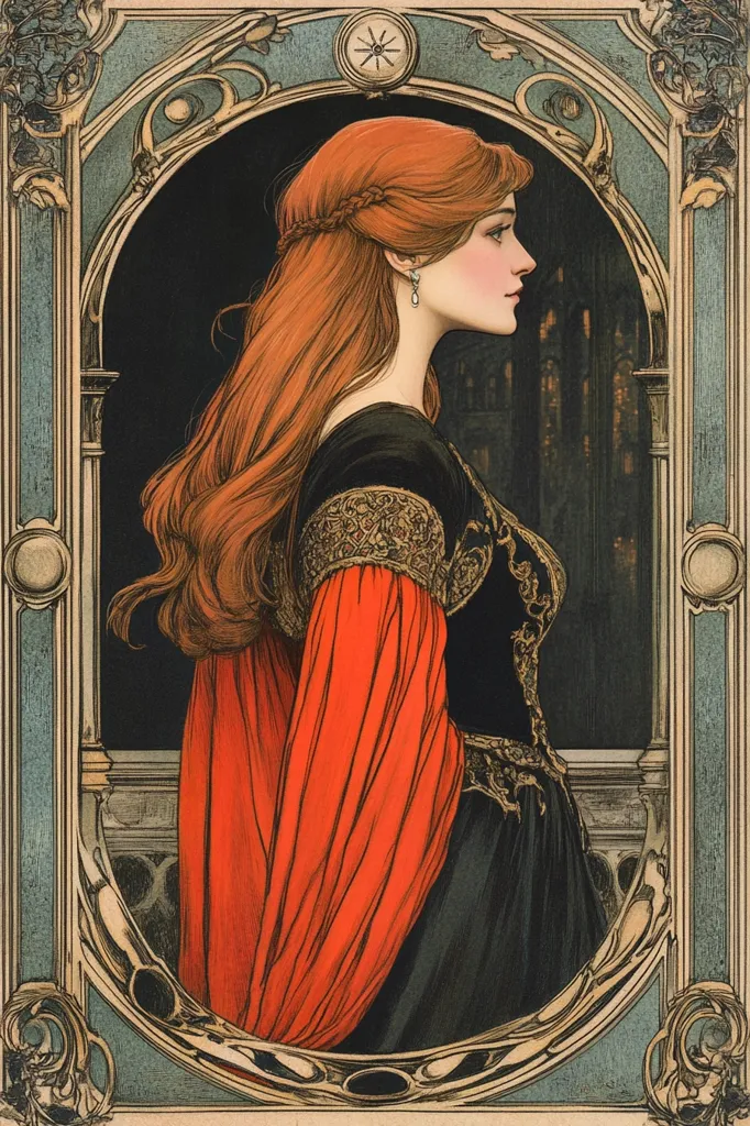 The image depicts a woman with long red hair, wearing a black dress with golden embellishments and a red cape. She stands in a decorative frame, with her profile facing the viewer. The background features a dark, shadowy scene, possibly a nighttime cityscape. The intricate details of the frame and the woman's attire create a sense of elegance and mystery.