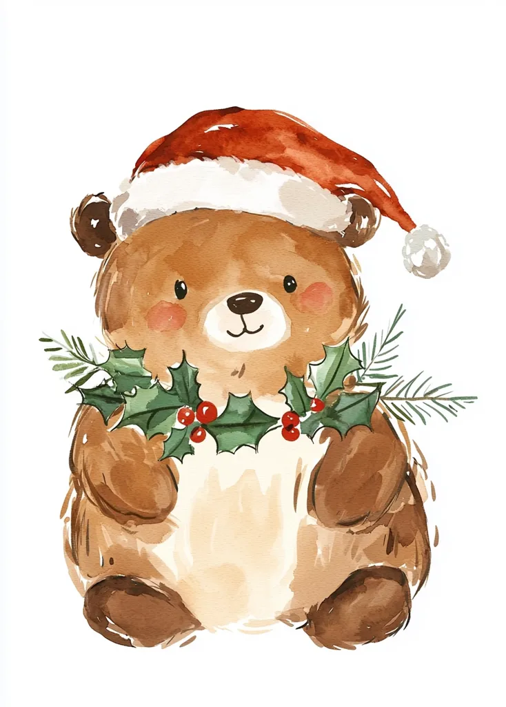 A cute, cartoon-style bear is wearing a Santa hat and holding a holly sprig.  The bear is brown with a white belly, and its eyes are closed as if it is asleep. The holly is green with red berries. The background is white. The bear is painted in a watercolor style, giving it a soft and fuzzy appearance.