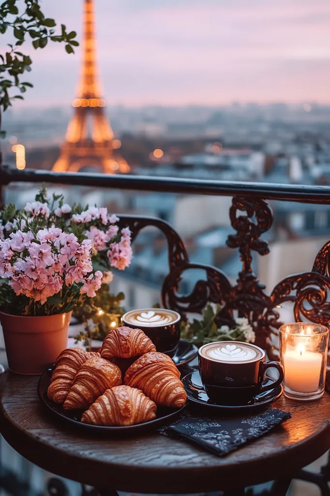 A romantic Parisian balcony scene with a stunning view of the Eiffel Tower. A table is set with two steaming cups of coffee, fresh croissants, a lit candle, and a delicate bouquet of pink flowers. The warm light of the setting sun creates a cozy atmosphere.  The scene suggests a delightful Parisian breakfast or a leisurely evening rendezvous.
