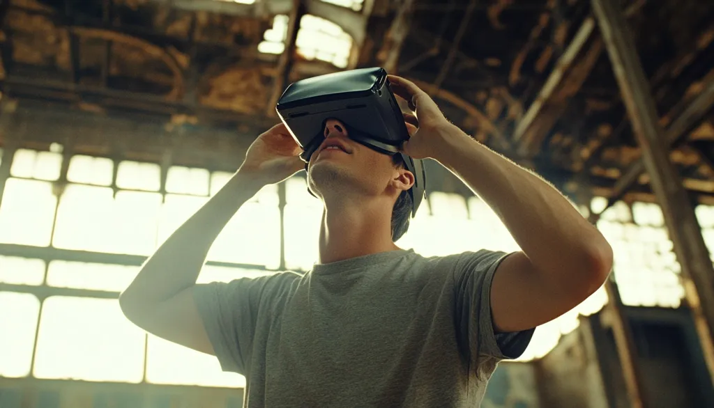 A young man wearing a grey t-shirt stands in a dilapidated building, his eyes are closed and he is using a VR headset. He is immersed in a virtual world, while the real world around him is obscured by the headset.  His arms are outstretched, as if he is reaching out to touch something in the virtual world.  The light from the windows shines through the building's broken structure, creating a dramatic effect.  The image suggests the transformative power of virtual reality.
