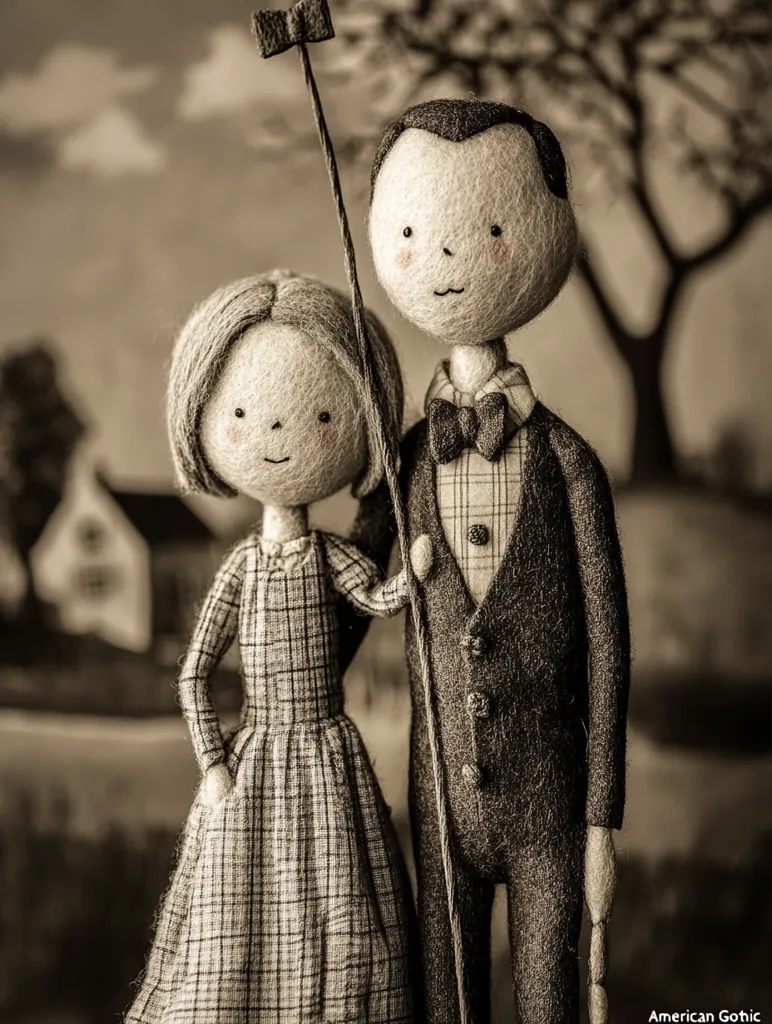 The image is a sepia-toned, whimsical recreation of Grant Wood's "American Gothic."  The two figures are made of felt and resemble the iconic painting. The female figure wears a plaid dress and stands to the left of the male figure, who wears a plaid shirt and a dark suit jacket with a bow tie. They are standing in front of a blurred, out-of-focus background that appears to be a rural landscape. They are holding a pitchfork that leans toward the left.  The title "American Gothic" appears at the bottom of the image.