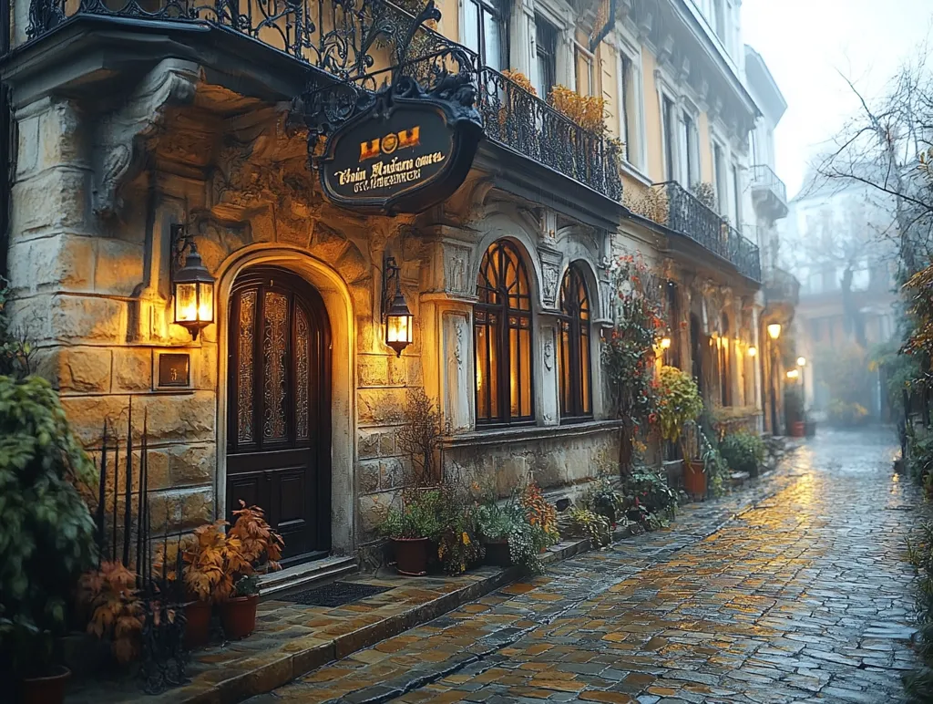 A narrow cobblestone street in a European city. The street is lined with old buildings with ornate windows and doorways, lit by gas lamps. The buildings have a yellow facade with decorative iron balconies. The street is wet, suggesting a recent rain. The buildings appear to be part of a hotel called "Villa Baden am See."  The fog adds a sense of mystery and romance.  The scene suggests a quiet moment in a charming old city.