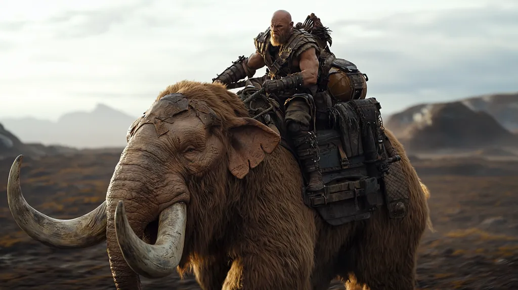 A large, furry mammoth with long tusks is walking across a barren landscape. A muscular man with a beard and leather armor rides atop the mammoth, holding onto the reins. The man is dressed in primitive clothing and carries a bow and arrow. The background is a vast, rocky landscape with a cloudy sky. The image evokes a sense of adventure and ancient times.