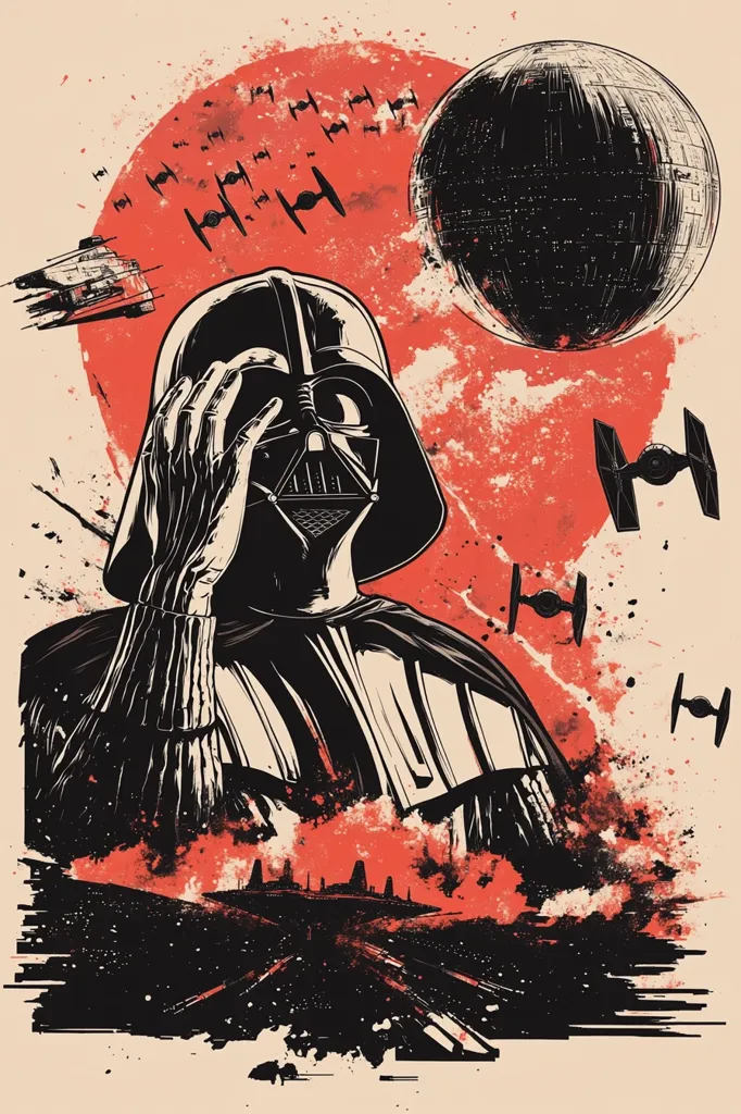 A black and white illustration of Darth Vader, with his hand covering his face, stands in front of a red and orange background. The Death Star is in the upper right corner of the image. Multiple TIE fighters fly in the background and a Star Destroyer is in the bottom left corner. The overall image evokes a sense of action and drama.