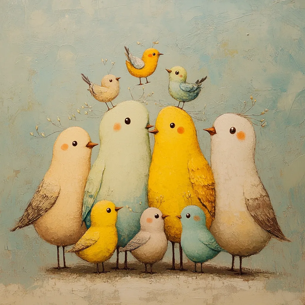 A group of nine cartoon birds are huddled together in a cluster. The birds are mostly yellow, white, and blue with varying shades of each.  There are little white blossoms around the birds and in the background. The backdrop is a soft baby blue.