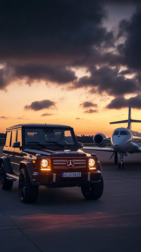 A black Mercedes G-Wagon SUV is parked on a tarmac at sunset with a private jet in the background. The SUV has its headlights on and its front grill is visible. The jet is a silver and white private jet with its wings extended. The sunset is a beautiful orange and pink color and the clouds are dark and dramatic.