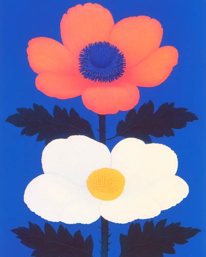 A vibrant, stylized illustration of a white flower with a yellow center and a bright orange flower with a blue center. The flowers are arranged in a vertical composition and are surrounded by dark green foliage. The background is a deep blue, providing a stark contrast to the colorful flowers. The image is a simple yet striking representation of the beauty of nature.