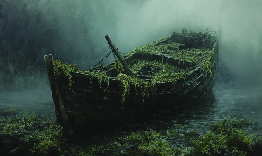 A dilapidated wooden boat, overgrown with vines, rests in a misty, murky water.  The boat is partially submerged, and the water is still and reflects the overcast sky. The scene is shrouded in a mysterious, almost ghostly, atmosphere. The boat's weathered hull and the verdant vines suggest a long period of abandonment, adding to the sense of decay and forgotten stories. The surrounding greenery, blurred by the fog, adds to the image's ethereal quality, hinting at the passage of time and the enduring power of nature.