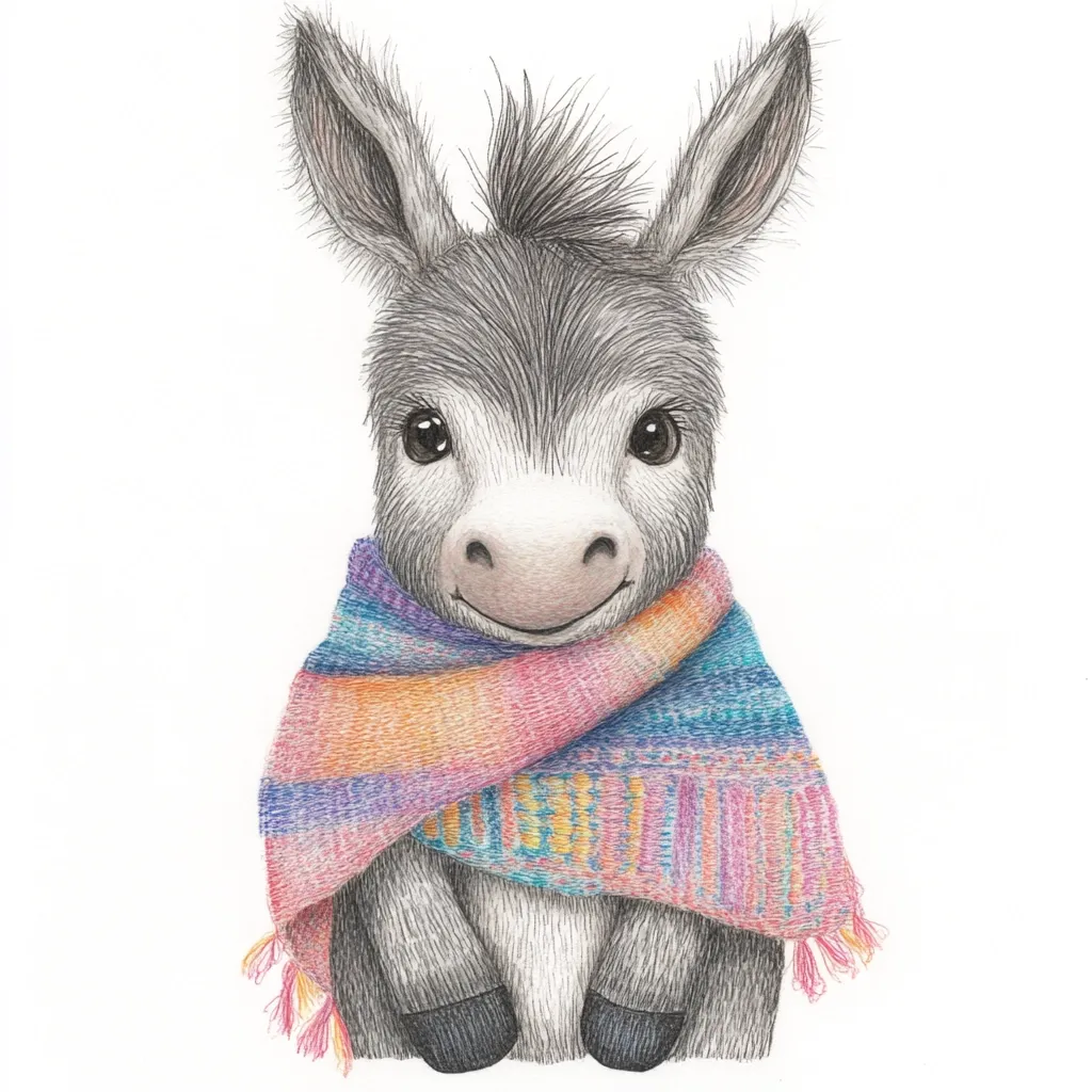 A cute, cartoon-style donkey is drawn with grey fur and large, dark eyes. It is wearing a colorful, striped scarf and looks directly at the viewer with a happy expression. The image is drawn in pencil with color accents and appears to be set against a white background.