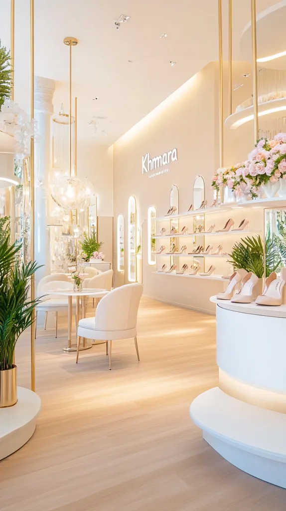 The image shows a chic and minimalist shoe store with a white and gold color scheme. The store features a display of high-heeled shoes on shelves, a round table with two white chairs, a plant in a gold pot, and a curved white counter.  The store's clean lines and light-filled space create an elegant and inviting atmosphere. The "Khmara" logo adds a touch of sophistication to the space.