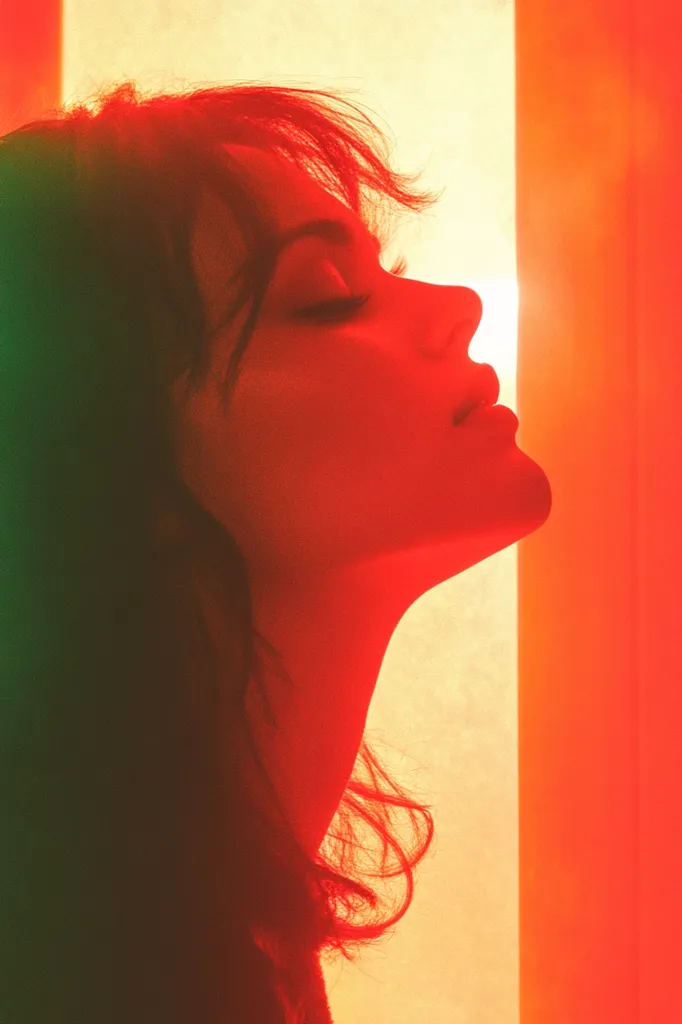 A woman with long dark hair is silhouetted against a bright orange and yellow background. Her eyes are closed and her head is tilted back, as if she is in deep thought or relaxation. The strong light creates a dramatic and intense mood, highlighting her features and creating a sense of mystery. The color scheme evokes feelings of warmth, passion, and energy. The image is a study in light and shadow, capturing a moment of quiet contemplation in a vibrant and dynamic setting.