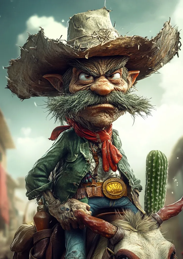 A cartoonish depiction of a gnome-like creature dressed in a cowboy hat and vest. He has a bushy mustache and an intense glare. He sits astride a horse, his hand on the reigns, and is carrying a pistol. He is surrounded by a wild west setting and a tall cactus. The image has a humorous and exaggerated feel.