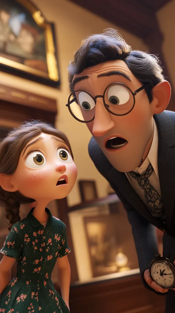 A young girl in a green floral dress stands looking up at a surprised man in a suit and glasses. He is holding a small antique clock in his hand. The background is a warm, dimly lit room with wooden furniture and paintings on the walls. The scene is filled with anticipation and mystery.