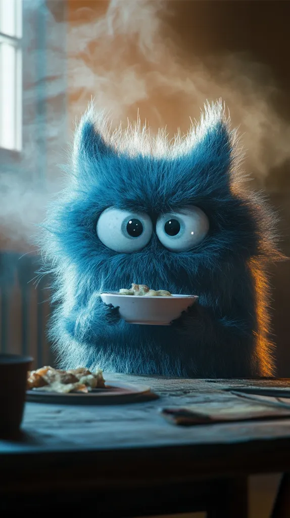 A blue, furry creature with large eyes sits at a table holding a bowl of food. The creature appears to be enjoying its meal. There is a plate with food scraps on the table, and steam is rising in the background.  The creature's fur is soft and fluffy.  It is a cartoon-like image with a whimsical and playful feel.