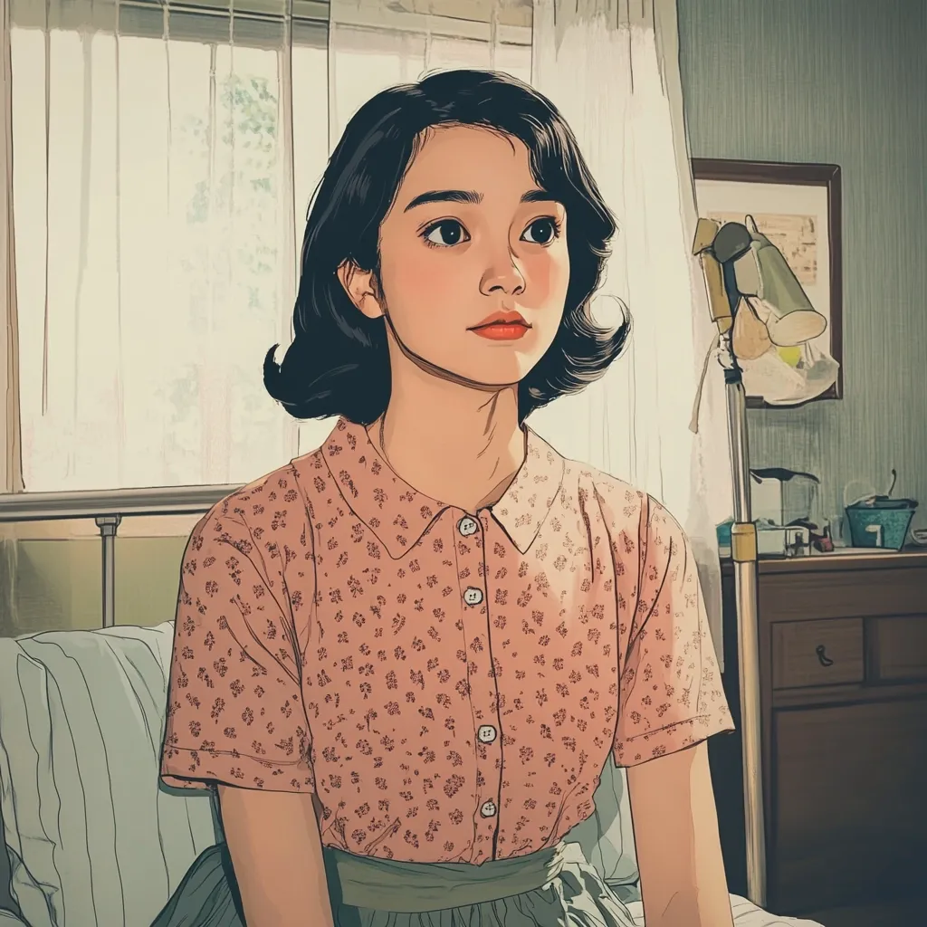 The image is an anime-style illustration of a young woman with dark hair, wearing a pink floral dress. She is sitting on a bed, looking off to the side. She has a thoughtful expression on her face. The image has a vintage aesthetic, with soft colors and a warm glow.  The room she is in is simple and cozy, with a window, a bed, and a side table. The overall tone of the image is serene and melancholic.