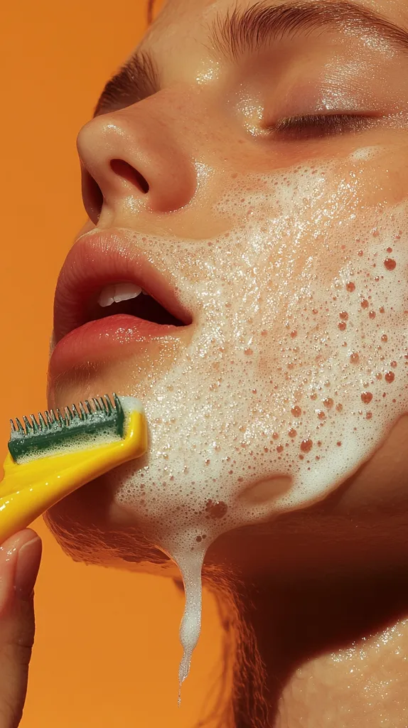 A close-up of a woman's face covered in white foam, likely from a face wash or cleanser. The image is saturated with warm orange hues, creating a vibrant and almost ethereal atmosphere. The woman's eyes are closed, suggesting a moment of relaxation and self-care. A yellow and green cleaning tool is visible at the bottom of the frame, adding to the overall theme of beauty and hygiene.
