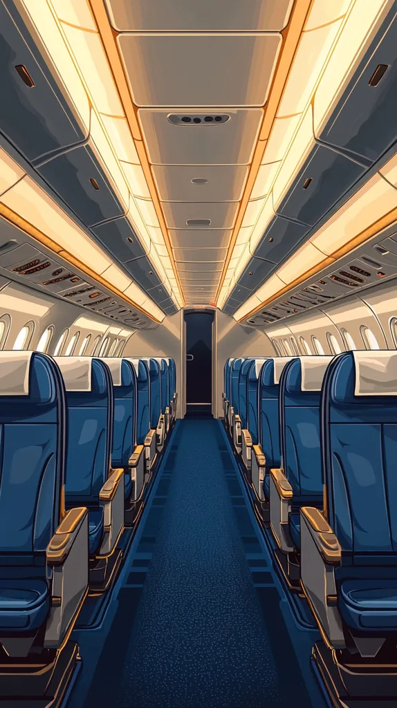 The image shows an empty airplane cabin with rows of blue seats on either side of the aisle. The overhead compartments are open, and the bright overhead lights cast a warm glow. The blue carpet leads down the aisle towards the front of the plane, and a glimpse of a dark door at the end suggests that the plane is ready for takeoff. The overall mood of the image is one of anticipation and excitement.