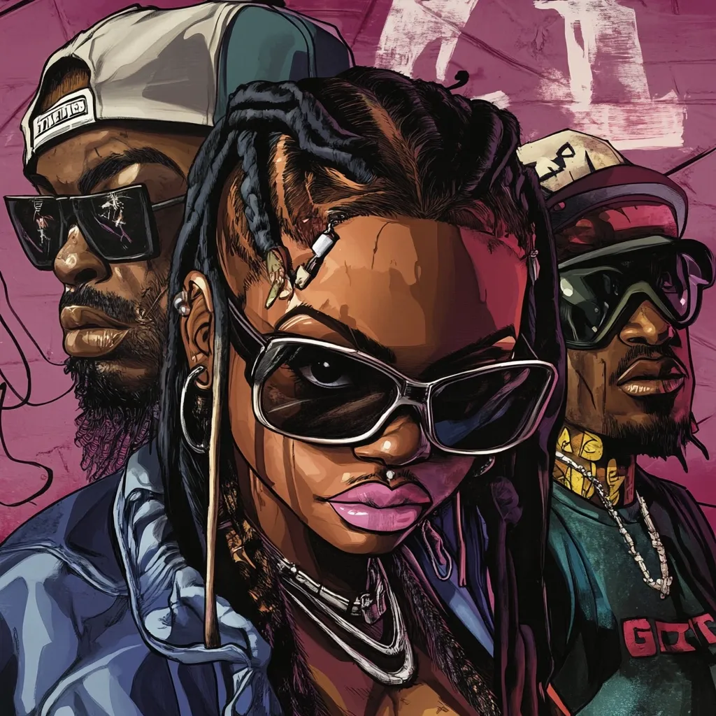 The image features three people in a graphic, cartoon style. In the center is a young woman with long black braids, wearing sunglasses and a variety of jewelry. She has a serious expression on her face. To her left is a man wearing a baseball cap and sunglasses, also looking serious. On the right is another man wearing a baseball cap and goggles, with a more relaxed expression. The background is a blurred pink and purple color.  All three are dressed in modern streetwear.