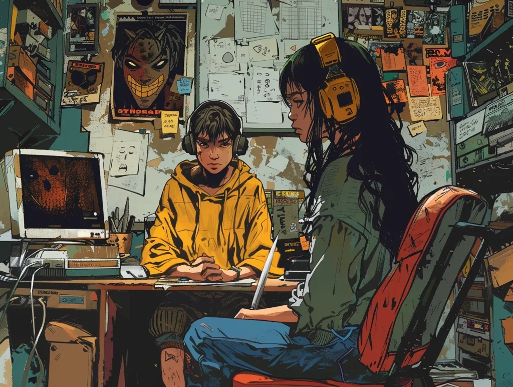 The image shows two young people sitting at a desk in a messy room. The girl on the right is wearing headphones and has her back to the viewer. The boy on the left is facing the viewer and is wearing a yellow hoodie. The desk is covered with papers and a computer monitor is on the desk. There are a lot of posters and other items on the walls. The room looks like it might be a dorm room or a bedroom. The lighting is dim and the colors are muted.