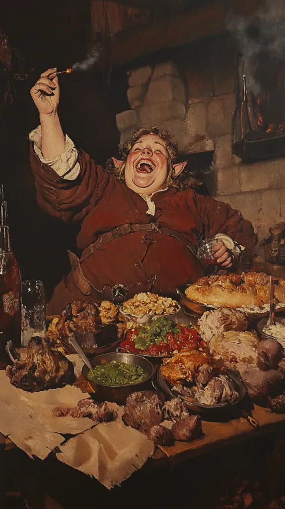 A large, jolly goblin sits at a table laden with a feast of roasted meats, vegetables, and bread. He laughs loudly, holding a lit match in his hand, seemingly in the midst of a joyous celebration. The setting is rustic and dimly lit, with a stone fireplace in the background, suggesting a warm and inviting atmosphere.  The goblin's hearty laughter and the abundance of food depict a scene of merriment and good company.
