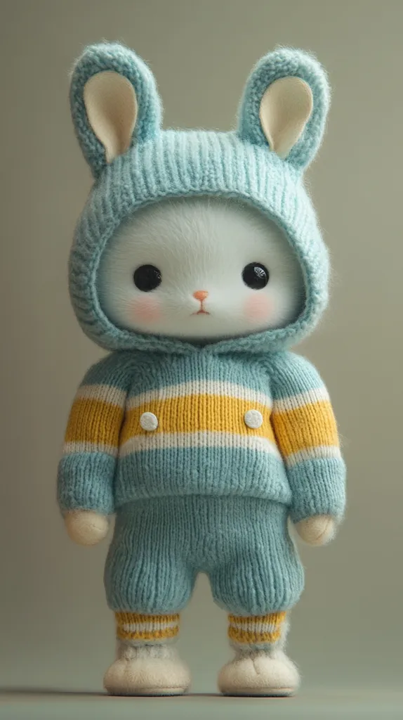 A cuddly, white bunny toy is dressed in a blue knitted sweater with yellow stripes and matching pants. It has large, round eyes and a sweet expression. The bunny's ears are part of the knitted hat, giving it a charming and whimsical look. The toy is standing on a neutral background, ready for a hug.