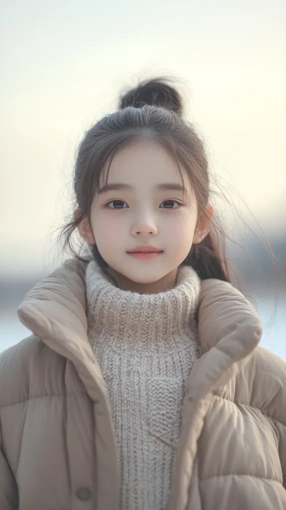 A young girl with long, dark hair pulled back in a bun, stares directly at the camera.  She is wearing a white knitted sweater and a tan puffy coat. The background is out of focus.  The image is taken from slightly below her eye level.