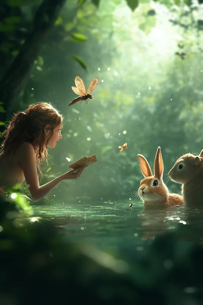 A young girl with long red hair sits at the edge of a pond, holding a folded paper. She looks toward two rabbits swimming in the water, one with its ears perked up and the other with its head turned. A dragonfly flies above, and the background is lush greenery. The scene evokes a sense of peace and tranquility in nature.