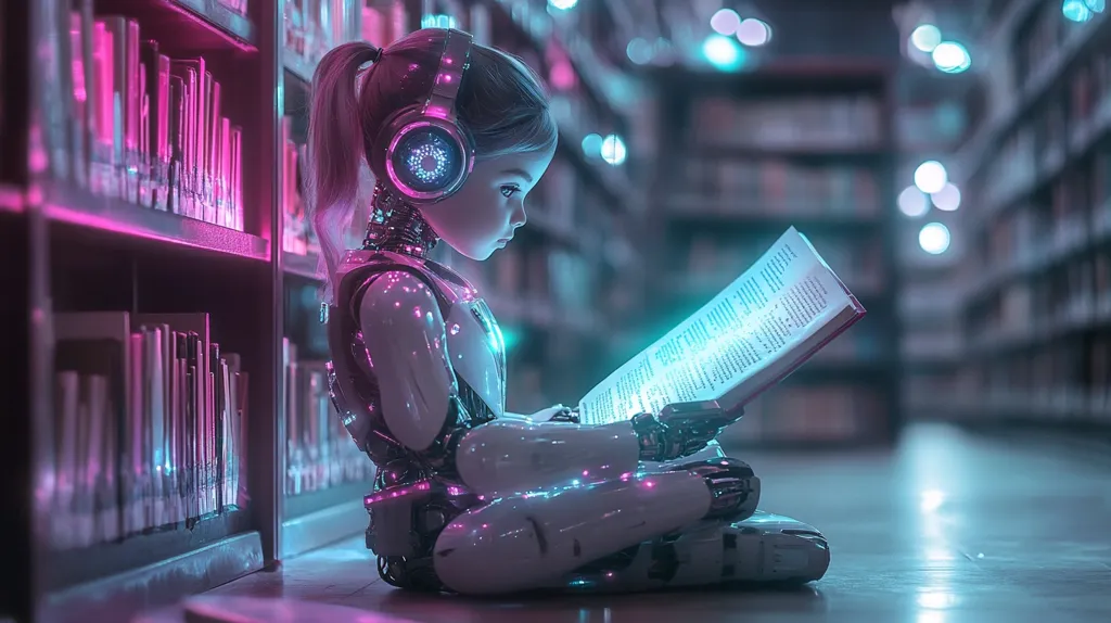 A robotic girl, wearing headphones, sits in a library, reading a book. The library shelves are filled with books, and the scene is lit in soft, blue and pink light. The robot's face is partially obscured by the book, but her eyes are open and focused on the page. The image evokes a sense of wonder and possibility, suggesting a future where robots are capable of learning and engaging in human activities.