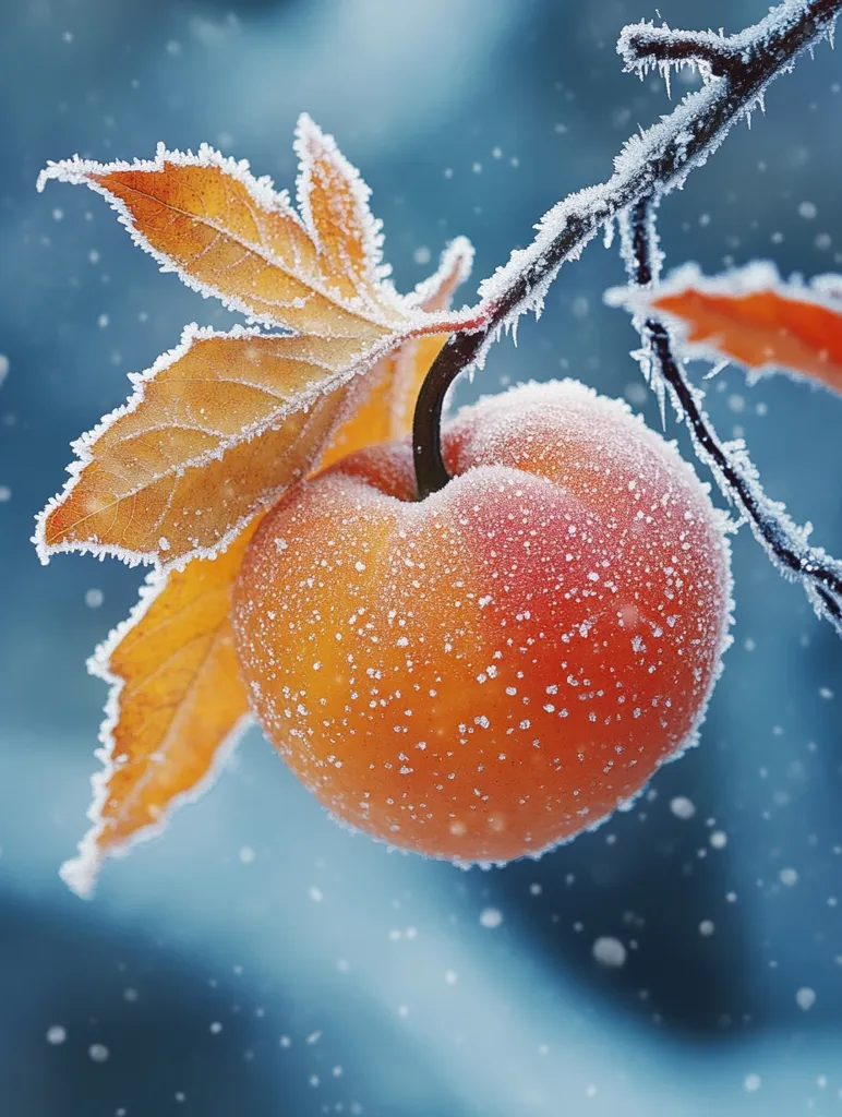 A single, ripe peach hangs from a frost-covered branch. The peach is covered in tiny ice crystals, giving it a sparkling appearance. A yellow leaf, also covered in frost, dangles beside it. The background is a soft blue, with falling snowflakes creating a wintery scene. The image captures the delicate beauty of winter's touch on nature.