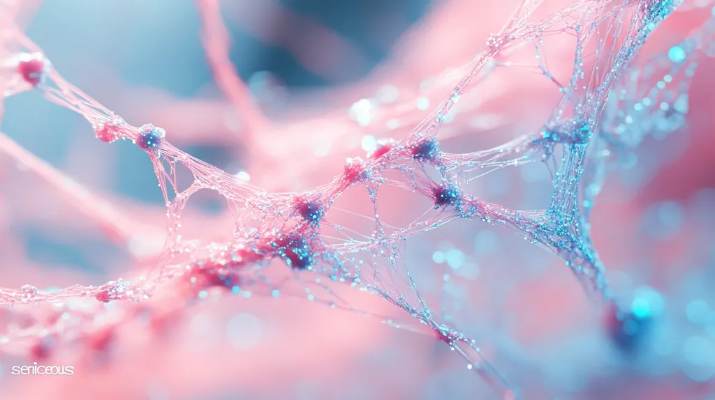 The image shows a close-up of a delicate, intricate web-like structure. It is made of fine, translucent threads, with small, iridescent beads scattered throughout. The web is a soft, pastel pink and blue color, creating a dreamlike and ethereal effect. The overall feel is of delicate beauty and intricate detail.