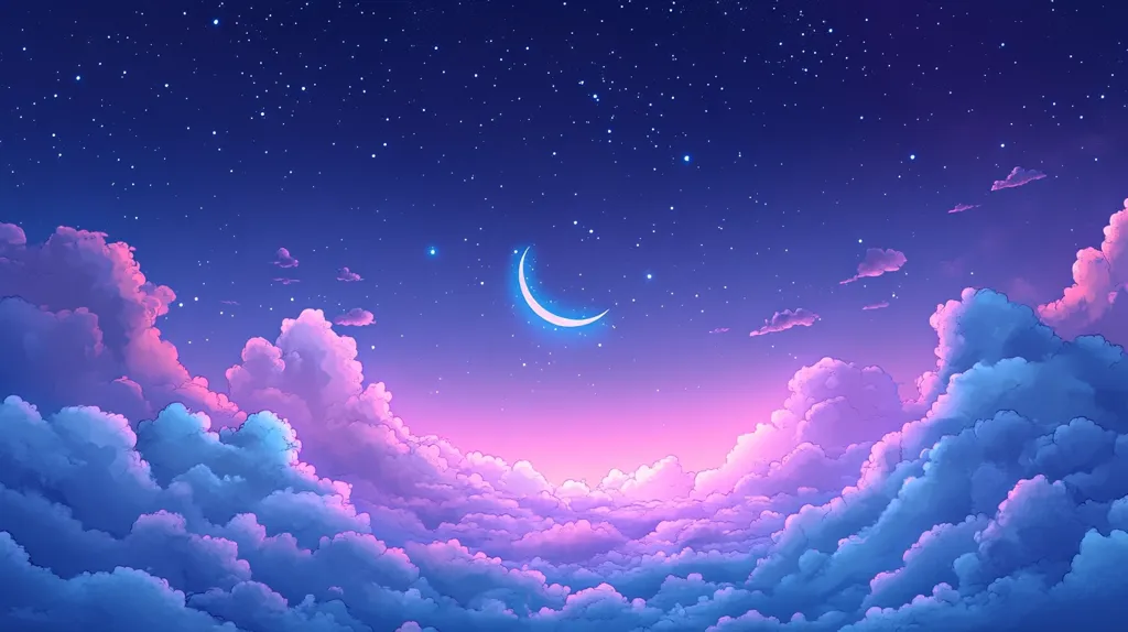 A crescent moon hangs in a deep blue sky, surrounded by a multitude of twinkling stars.  Layers of fluffy clouds stretch across the horizon,  glowing with soft pink and purple hues, creating a dreamy and ethereal atmosphere.  The image evokes a sense of peace, tranquility, and wonder.