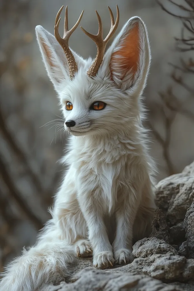 A white, fluffy fox with large, pointed ears and golden antlers sits on a rocky surface. It has piercing orange eyes and a long, bushy tail. Its fur is soft and fluffy, and its antlers are delicate and intricate. The fox is looking to the side, appearing alert and curious. The background is blurred, suggesting a natural setting. The image evokes a sense of magic and wonder.