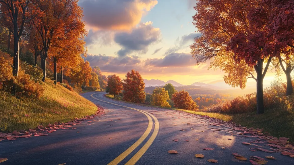 A winding paved road curves through a lush, autumnal forest, with vibrant red and orange leaves falling from the trees. The road leads towards a distant mountain range bathed in the golden light of a setting sun.  The sky is a blend of soft pinks and oranges with fluffy clouds.  Fallen leaves litter the road, adding to the picturesque autumn scene.