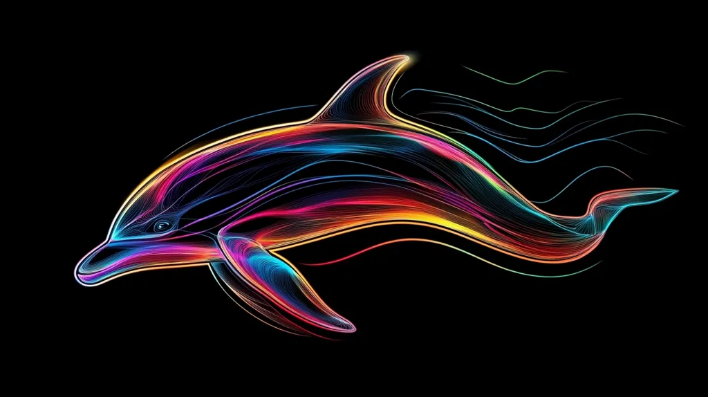 A vibrant, abstract dolphin is depicted against a black background. Composed of colorful, swirling lines, it appears as if it is swimming through water, leaving a luminous trail behind it. The dolphin's shape is clearly defined, with its eye highlighted in a bright, contrasting color. The image is both visually striking and evocative of the beauty and mystery of the ocean.