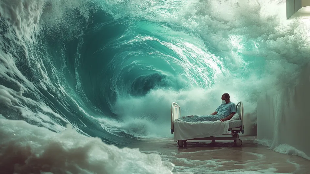 A man in a hospital bed and a face mask sits in a room seemingly flooded with a large wave. The room is a hospital room, with a medical bed and white walls.  The wave appears to be crashing down on the room, creating a dramatic and surreal scene. The image is likely meant to represent the overwhelming feeling of being sick or the challenges of the pandemic.