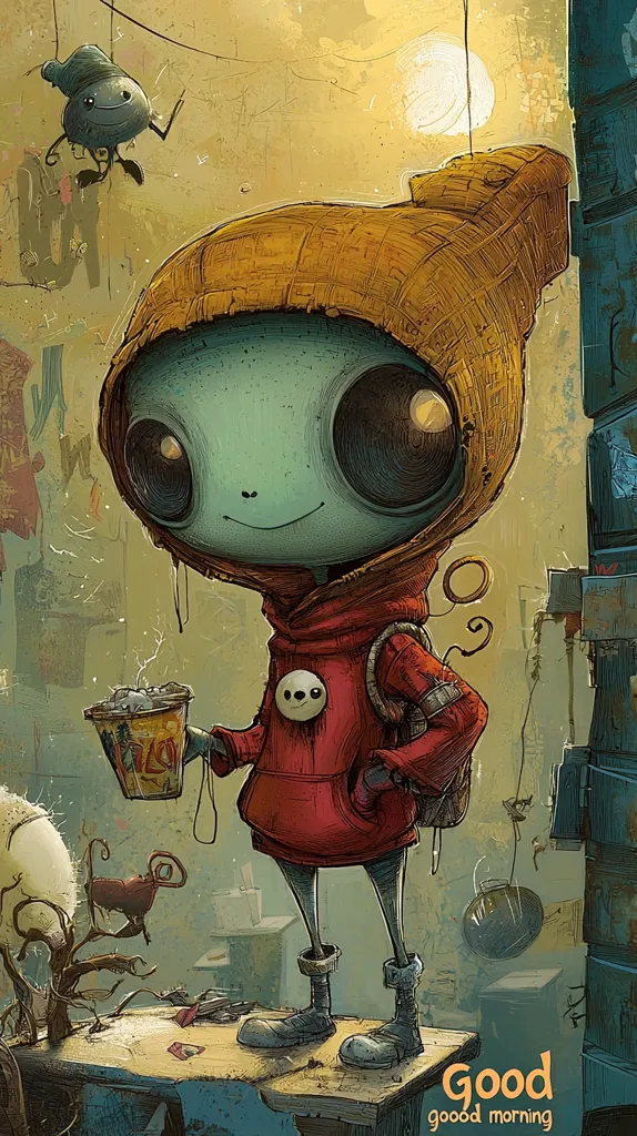 The image features a cartoon alien-like character with large eyes and a red hoodie. The character holds a cup of coffee in one hand and smiles. The setting appears to be an urban environment, with a worn wooden table and graffiti in the background. The text "Good good morning" is written in the bottom right corner, suggesting a friendly and positive message.  The overall mood is whimsical and playful, capturing the essence of a cheerful morning.