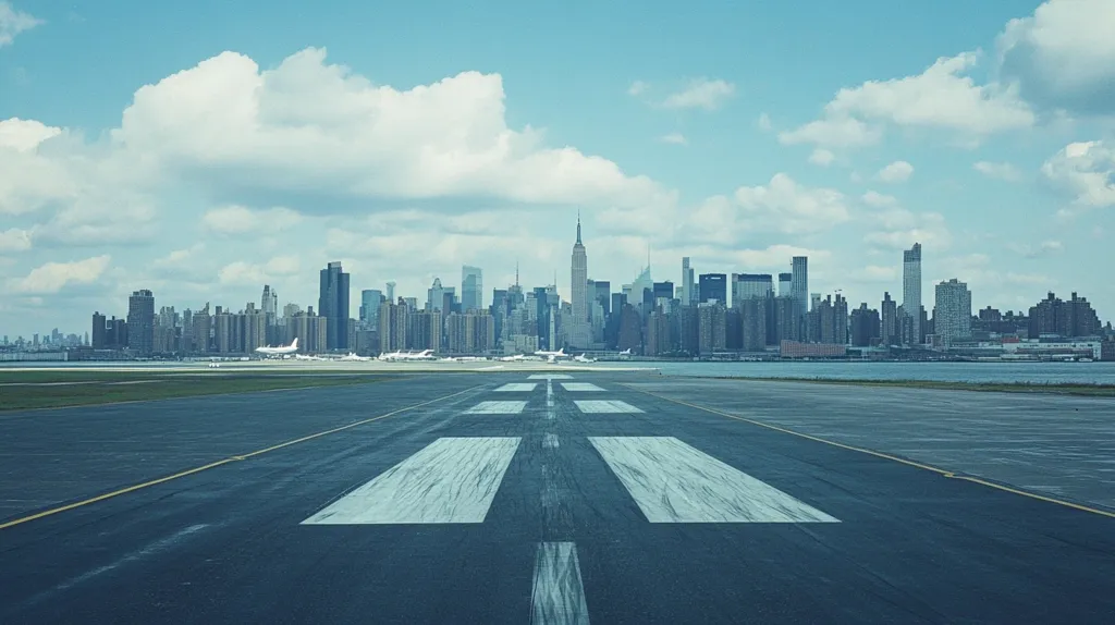 A long runway stretches out before the viewer, leading towards the iconic New York City skyline. The city appears in the distance, with skyscrapers reaching towards the clouds. The sky is a bright blue with scattered white clouds. The image captures a sense of anticipation and the promise of travel.