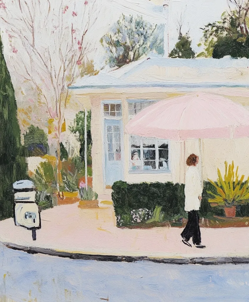 A pastel-colored painting depicts a small house with a blue door and a pink awning. A person in white walks past, and a trash can sits on the sidewalk. Lush greenery surrounds the house and sidewalk, adding a sense of peace and tranquility. The overall tone is bright and airy, creating a charming and inviting scene.