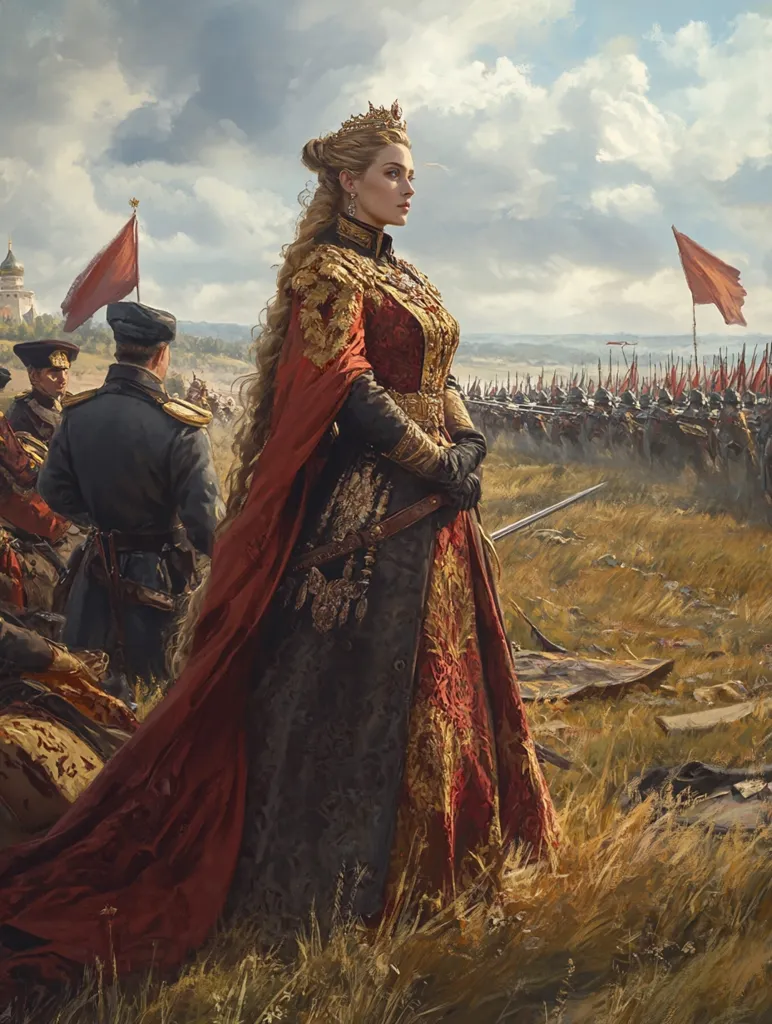 A regal woman, adorned in a golden crown and a lavish red and gold gown, stands amidst a field with her back to a large army. She stares solemnly at the horizon as if observing the unfolding of battle. Red flags wave in the distance, signifying her authority over the scene.  The battlefield stretches out behind her, littered with fallen soldiers and equipment.  Her gaze and posture convey a sense of unwavering determination and leadership.