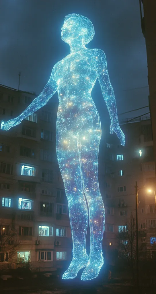 The image shows a glowing blue and white, translucent figure of a person standing in front of a building at night. The figure appears to be made of energy or light, with a shimmering effect. The building behind the figure has illuminated windows and is partially obscured by the figure’s glow. The overall image has a surreal and ethereal quality, suggesting a concept of otherworldly presence or digital reality.