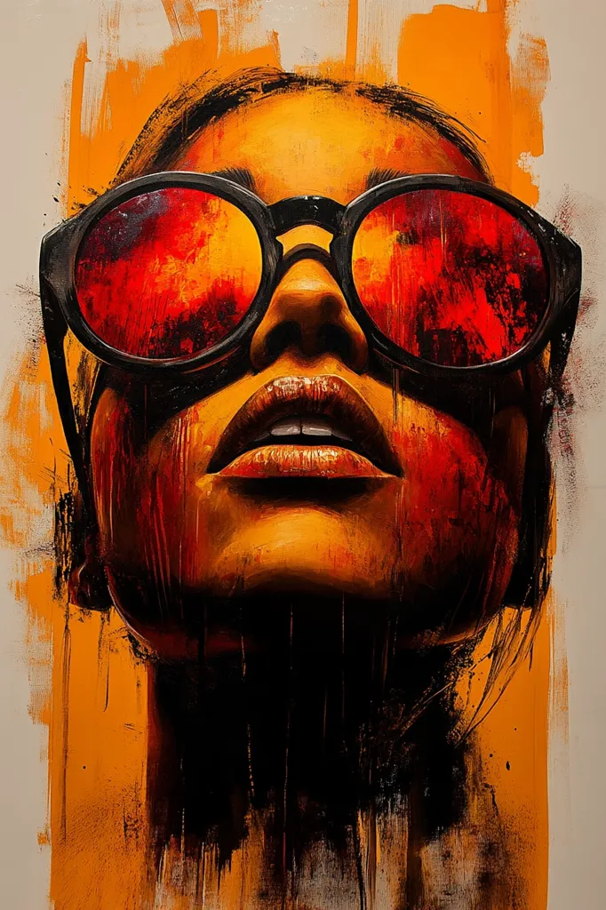 A close-up painting of a woman's face, rendered in bold strokes of orange, black, and red. She is wearing large, dark-rimmed sunglasses with red lenses. Her lips are slightly parted, and her gaze is directed upwards, creating a sense of mystery and intrigue. The background is a blurred, abstract blend of orange and white, adding to the enigmatic atmosphere.  The artist's use of expressive brushstrokes and contrasting colors adds depth and emotion to the piece.